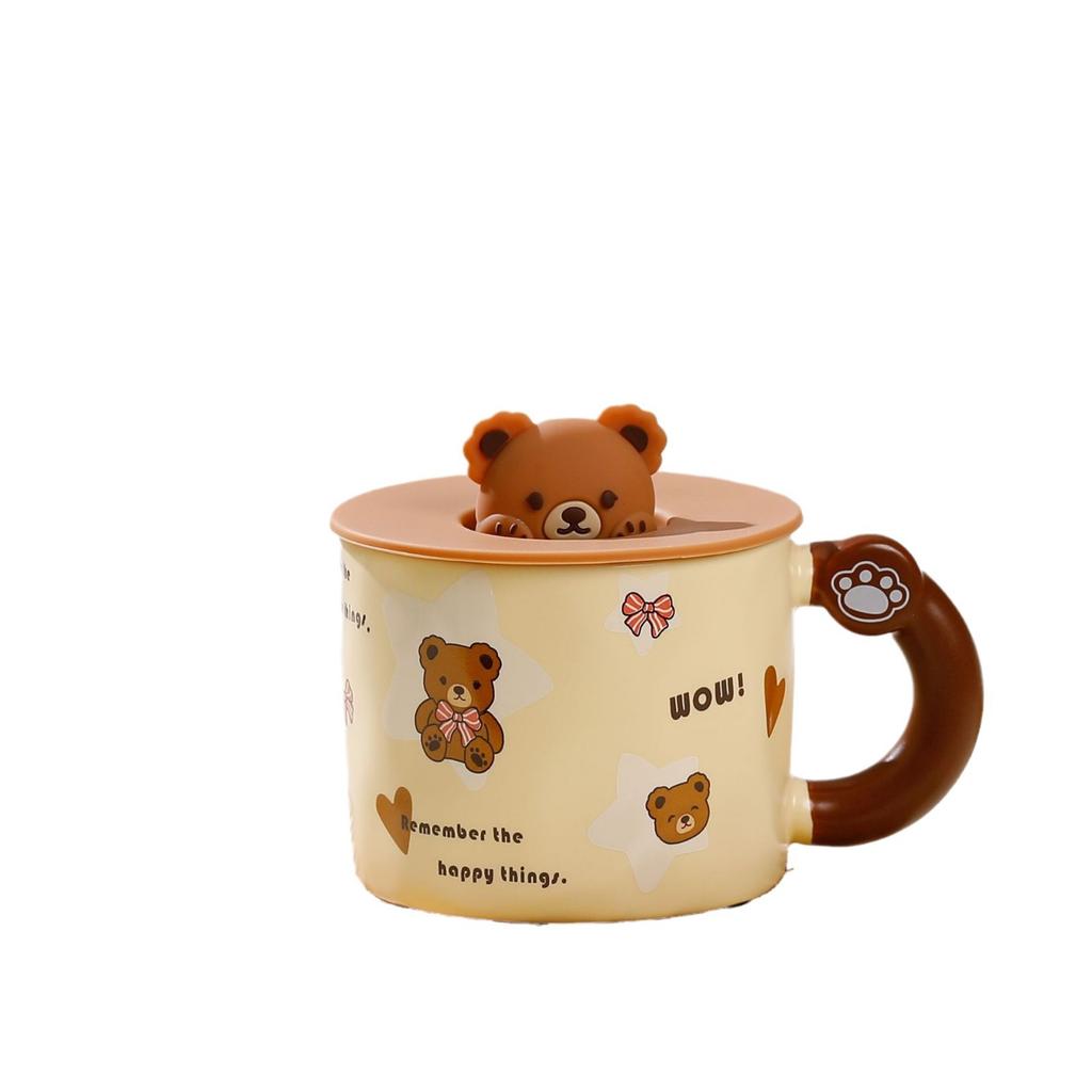Cute Ceramic Cup with Lid Student Breakfast Cup Cartoon Bear Mug Large Capacity Gift Water Cup Household Set