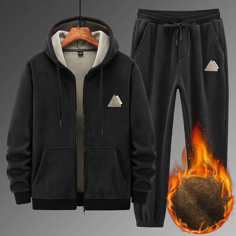 Зимний плюшевый мужской комплект, плюшевый свитер с капюшоном из ягненка, хлопковые брюки, повседневный спортивный и теплозащитный комплект