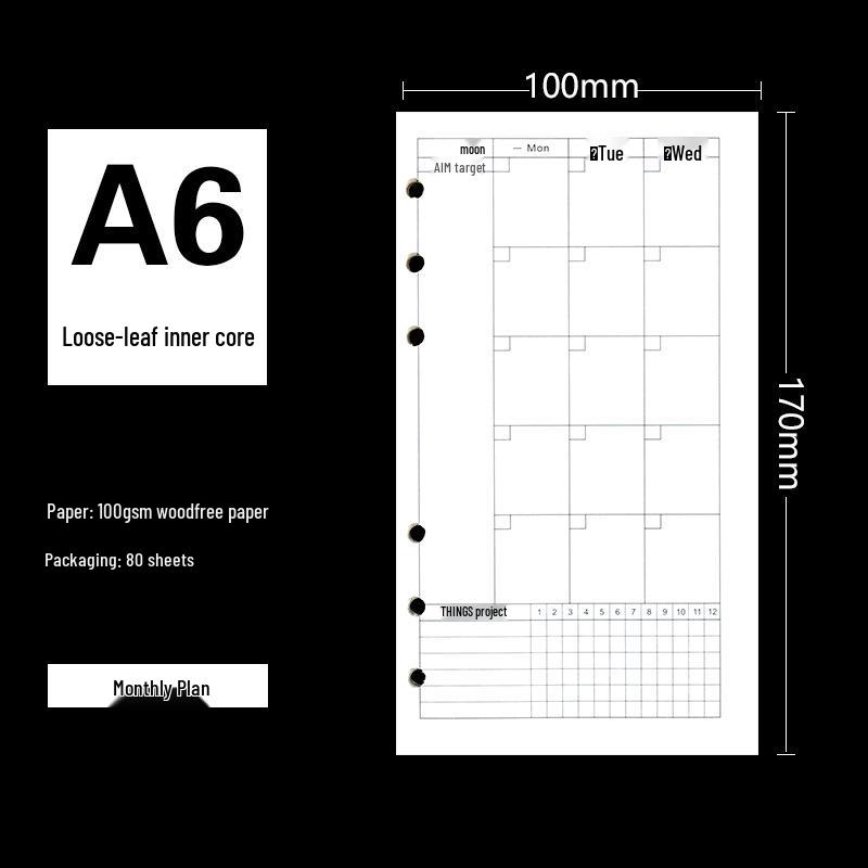Сменный блок для блокнота А5 на 6 отверстий: Формат A6, 80 листов, бумага Dowling 100 г/м²