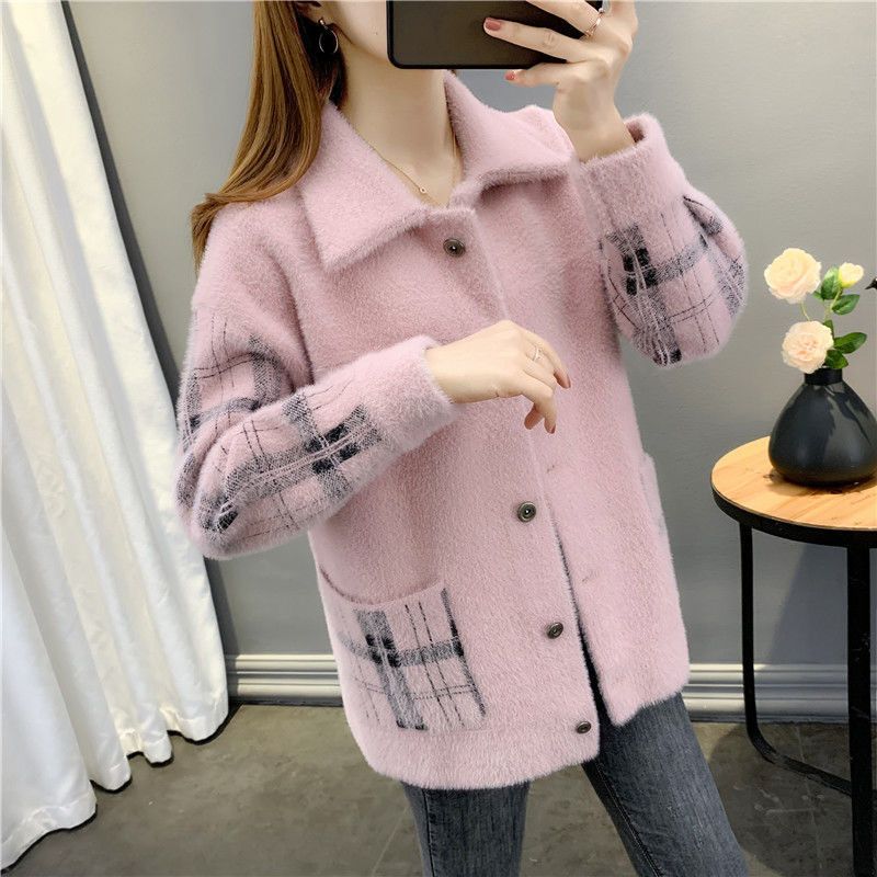 New Style Mink Cashmere Cardigan Sweater Jacket for Women with Loose Fit