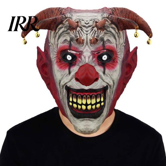 Scary Halloween Clown Mask Devil Horns Mask, with Bell Decor, Breathable Comfortable Face Latex Headgear, for Adult Cosplay Props Horror Party
