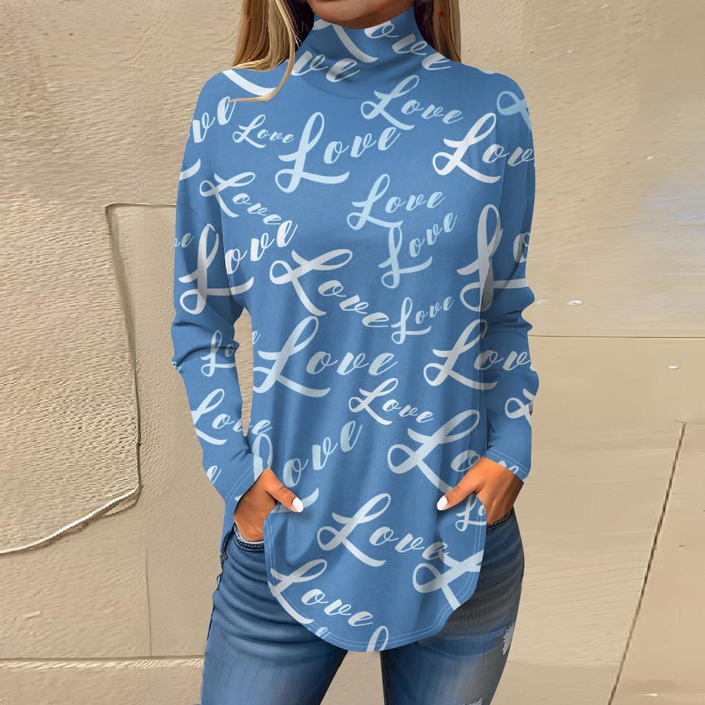 Футболки для женщин, осенние повседневные рубашки с длинным рукавом, толстовка с принтом, топ с высоким воротом, пуловер