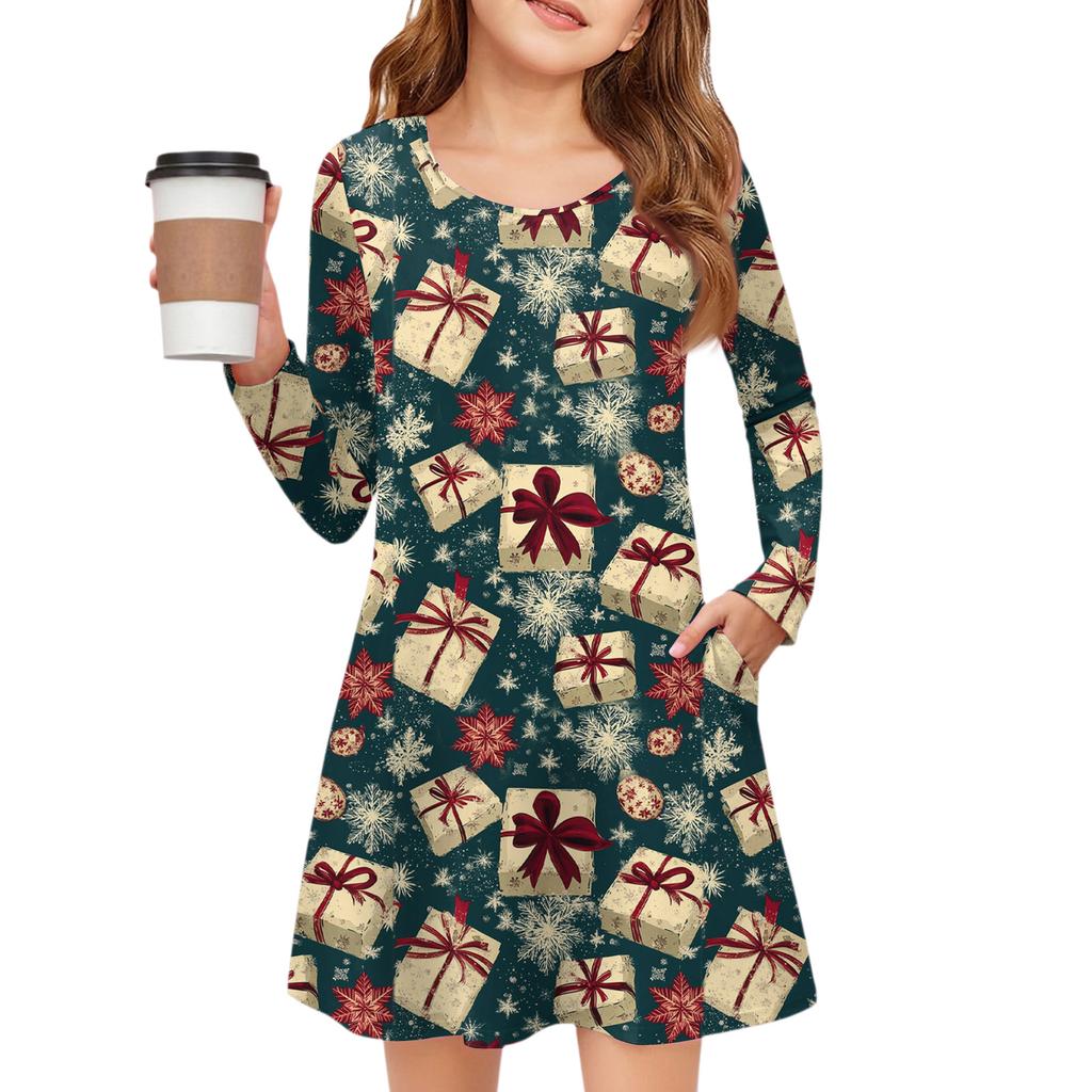 Christmas Day Girls' Long Sleeve Dress - Color Pocket Dress