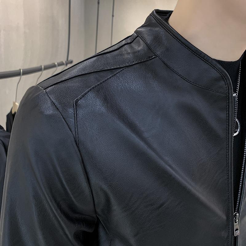 Кожаная мужская осенняя новая куртка без воротника мужская корейский стиль модная простая мотоциклетная молодежная куртка из искусственной кожи
