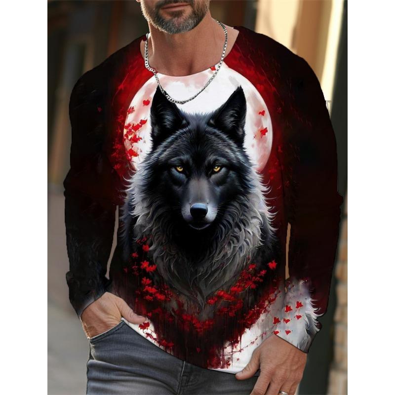 Футболка с длинным рукавом с рисунком волка для мужчин, повседневная футболка с принтом животных в стиле 3D, уличная одежда