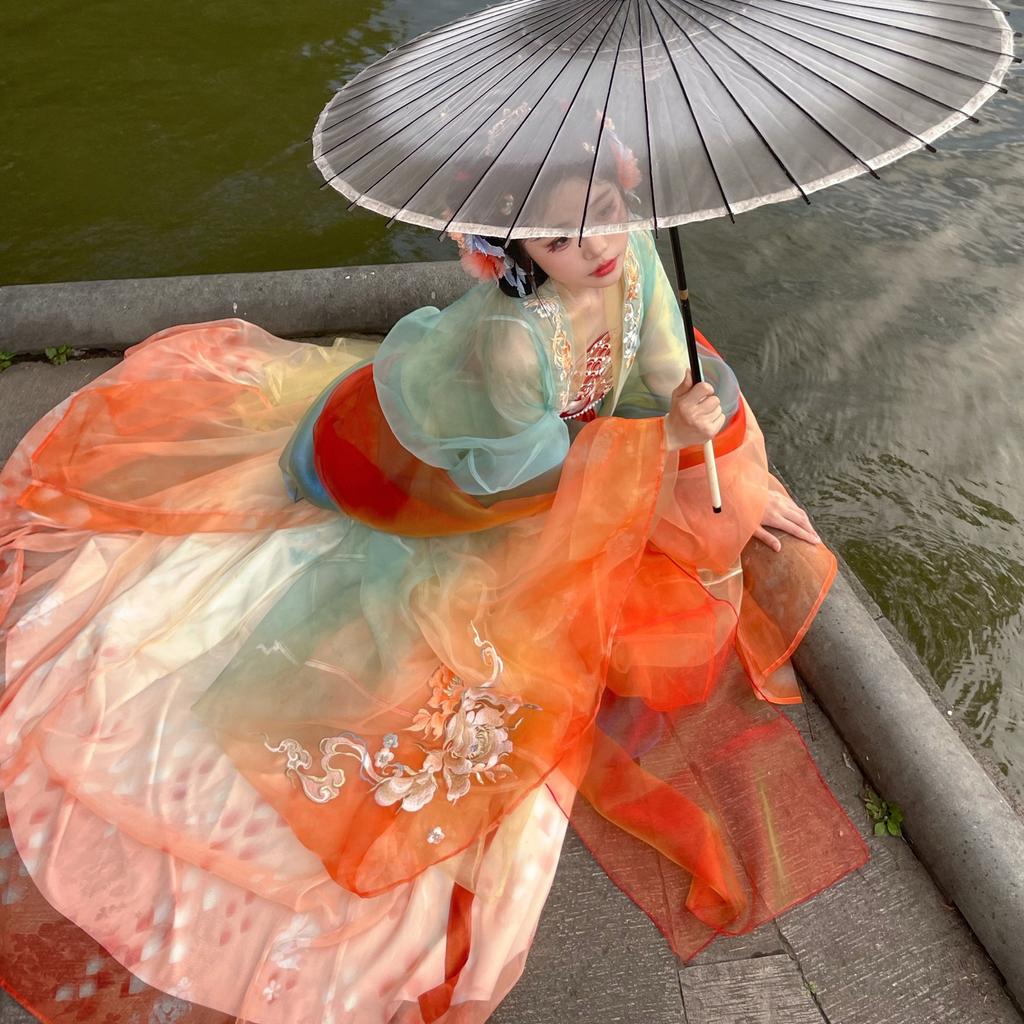 Hanfu градиентный костюм с принтом рыбьей чешуи градиентная рубашка с большими рукавами Koi Hanfu элегантная женская одежда феи