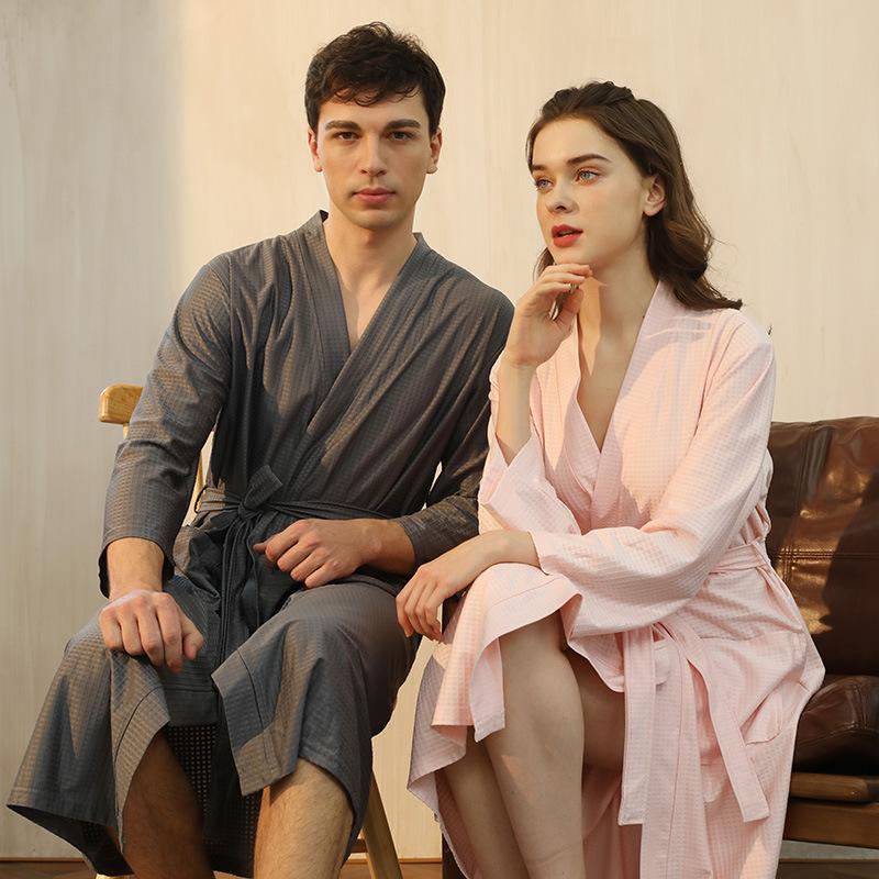 Men's Spring Summer Thin Bathrobe Couple's Lace Up Sleepwear Quick-dry Hotel Spa Robe with Pockets
