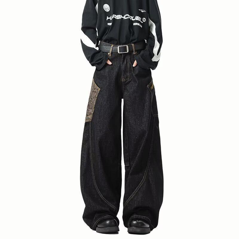 Unisex Vintage Patchwork Plaid Cropped Knife-Edge Denim Jeans Loose Straight Fit Fall