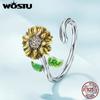 Классические открывающиеся кольца с подсолнухом для женщин, стерлинговое серебро 925 пробы, картина маслом, цветок, циркон, эффектное кольцо, подарок на вечеринку
