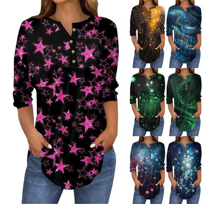 Женский повседневный топ с рукавами 3/4 и принтом пайеток на пуговицах