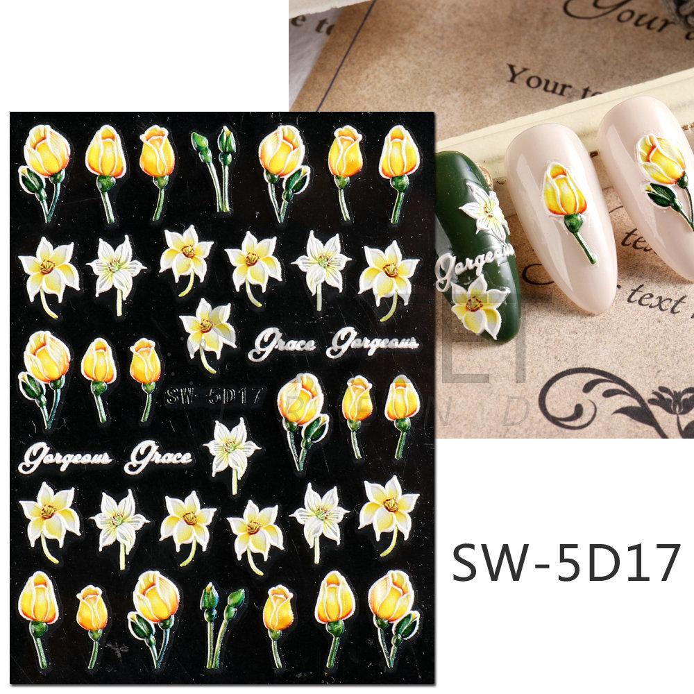 5D тисненные наклейки для ногтей, наклейки с кленовыми листьями, ромашки, тюльпаны, бабочки, осенние украшения для ногтей