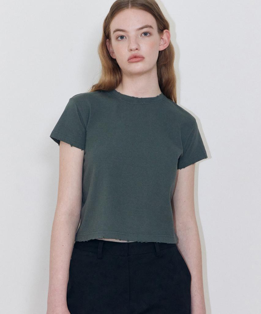 LADY VOLUME Distressed Washed T-Shirt (Khaki)