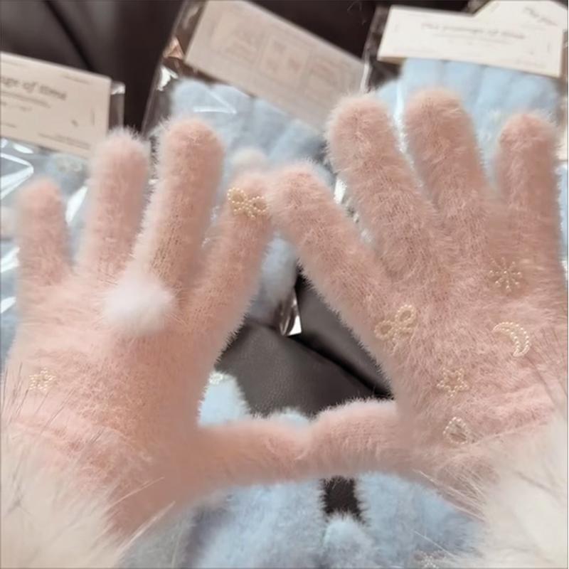 Перчатки Искусственный мех норки Мех кролика Вязаные повседневные перчатки Пряжа