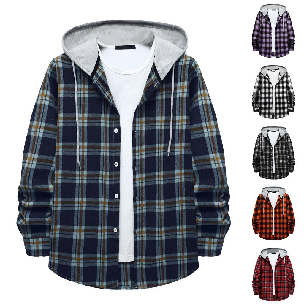 Men's Plaid Shirt Hooded Button Sweatshirt Men's Casual Fashion Sweatshirt