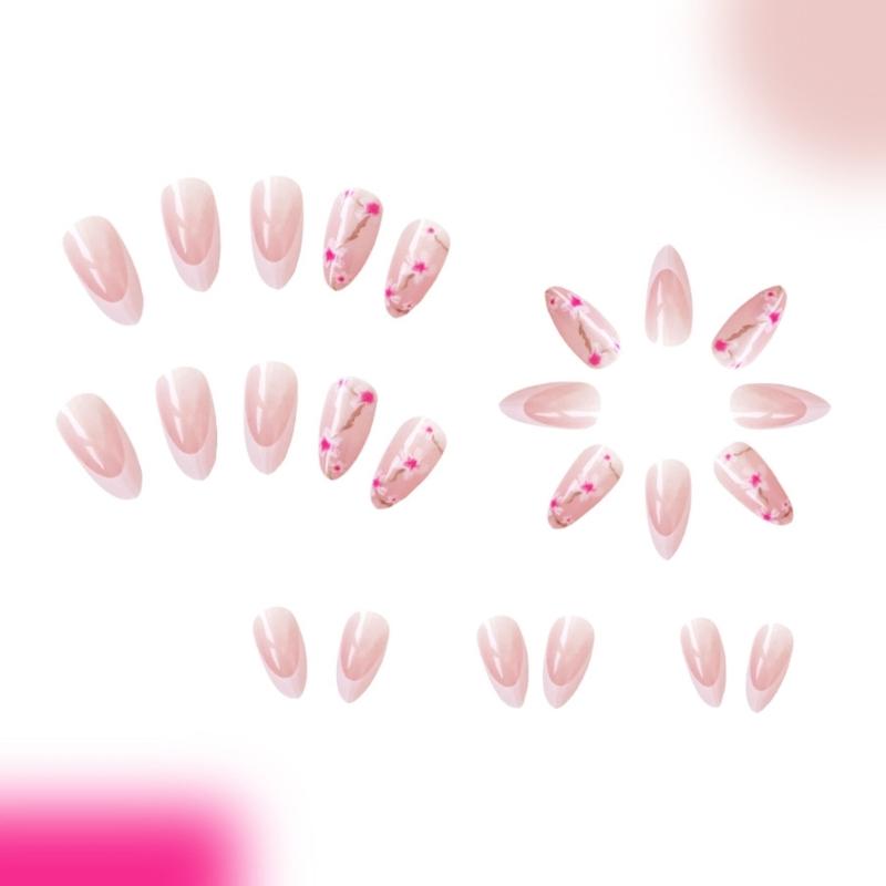 24 шт. Цветы Искусственные ногти Французский кончик Накладные ногти Средний Миндаль Полное покрытие Наклейки для ногтей Глянцевые Накладные ногти