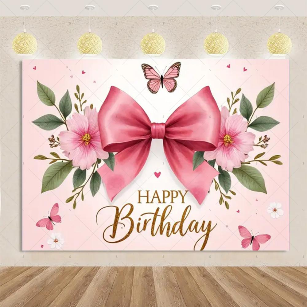 Pink Bow Tie Background Banner Girls Birthday Party Decorations Balloon Flower Photography Backdrop Supplies Photo Shoot Props