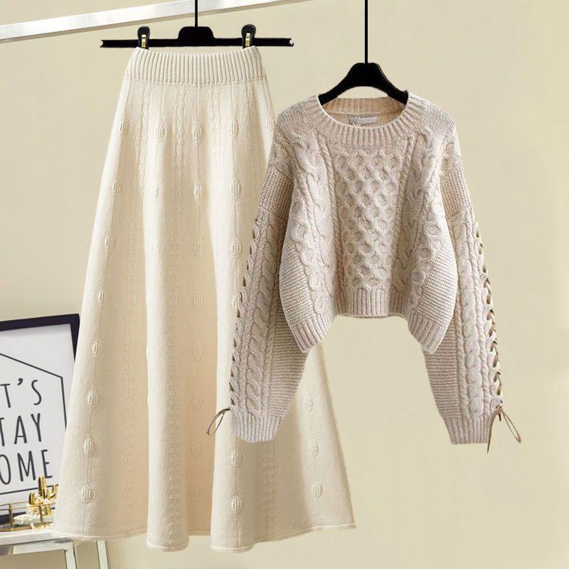 Осень-зима женские юбки костюмы пуловер вязаный свитер трикотажная юбка комплект из двух частей эластичный свитер с круглым вырезом юбка-трапеция наряды