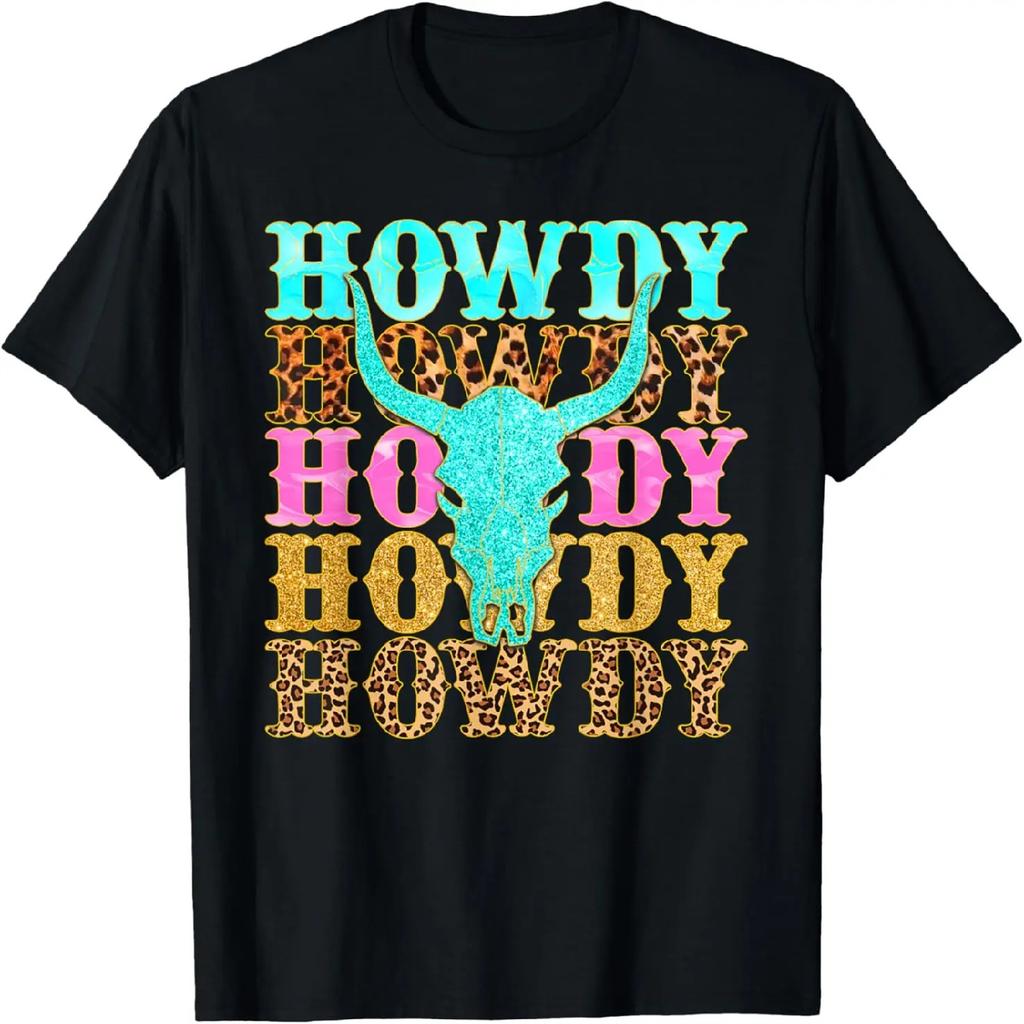 Западная Страна Леопард Howdy Череп Быка Ковбойское Родео Футболка