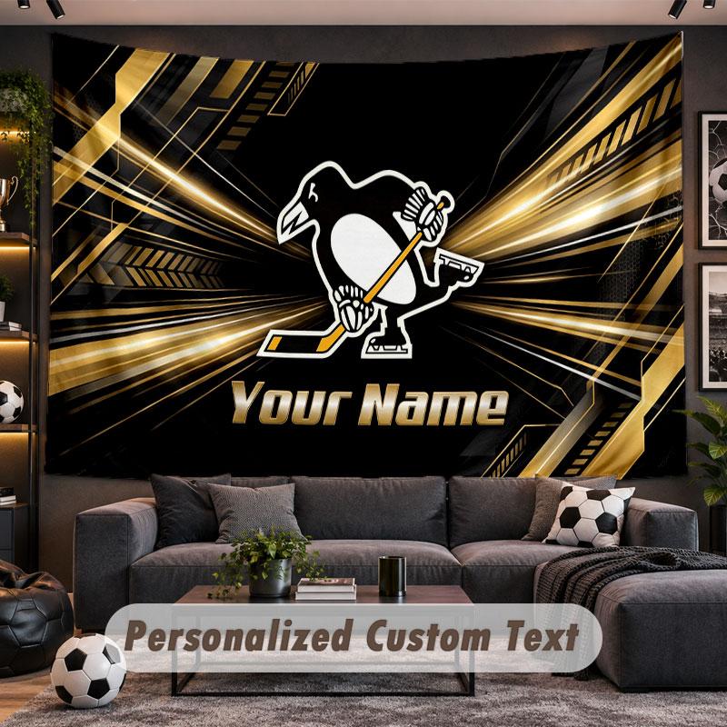 Wall Hanging Tapestry Custom NamePittsburgh Penguins Pattern Personalized Printed Fabric Wall Decor