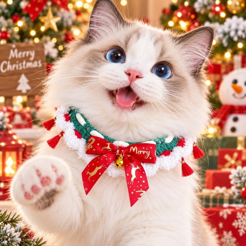 Knitted Yarn Cat Bell Collar Jingle Bell Cute Santa Hat Dog Bowknot Scarf Photoshoot