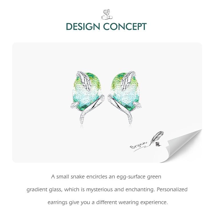 BAMOER оригинальный дизайн, серьги-гвоздики из стерлингового серебра 925 пробы со змеей, градиентные зеленые прозрачные стеклянные серьги для женщин