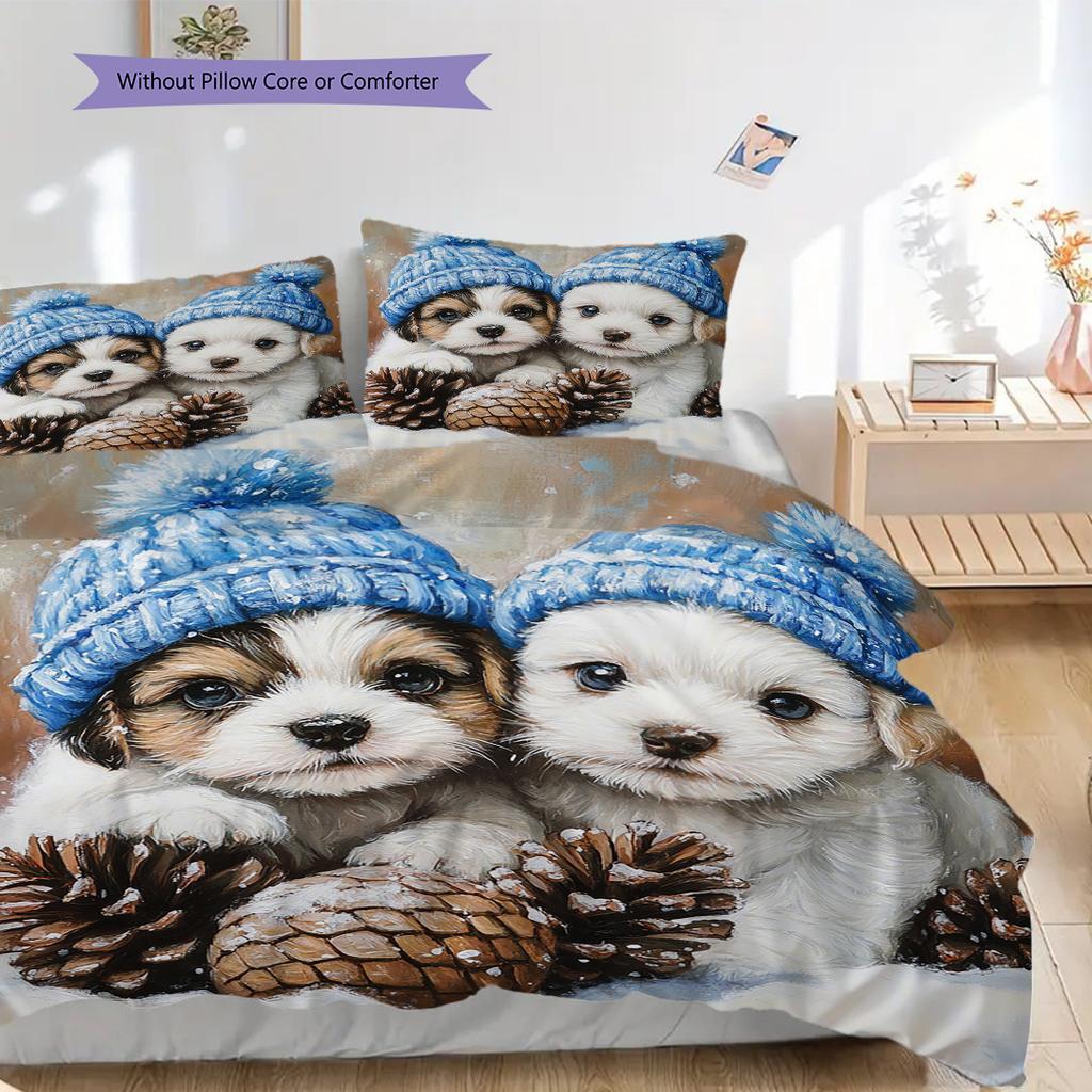 Puppy Pattern Bedding Quilt Set Quilt Cover Pillowcase Home Decoration Birthday Gift (1 * duvet cover + 2 * pillowcase, without core)