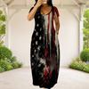 Women Plus Size Round Neck Short Sleeve Black Red White Printed Loose Maxi Dress With Side Pockets