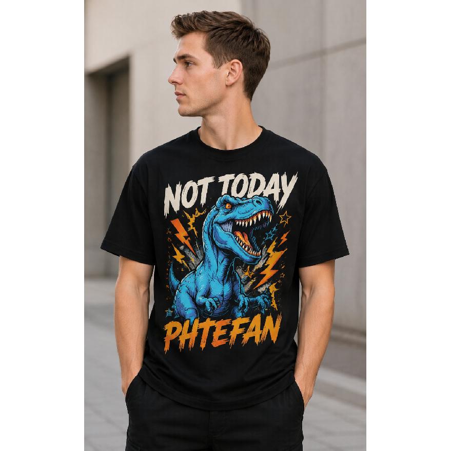 Men's black short sleeve crew neck t-shirt with bold blue T-Rex graphic, lightning bolts and stars, relaxed fit cotton blend for casual streetwear or