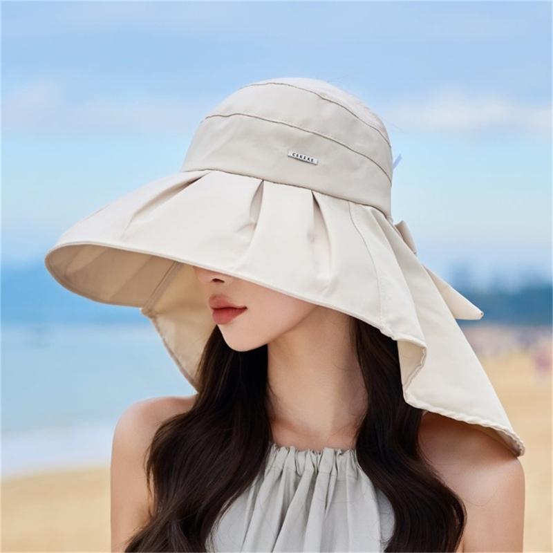 Wide Brims Sunproof Fisherman Hat With Open Top Design Bowknot Neck Cover For Women Outdoor Activity Fishing Camping