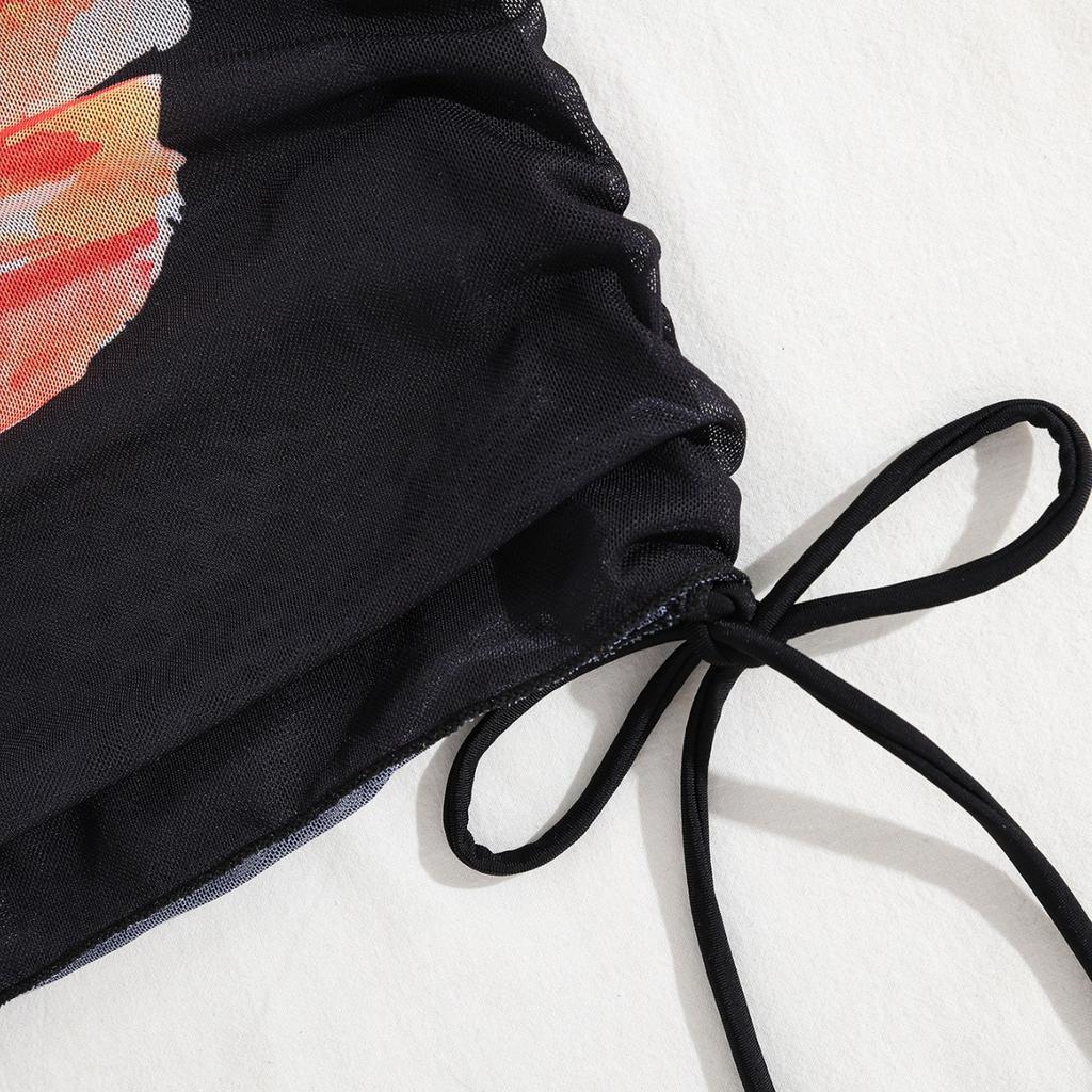 Женские купальники с принтом, халтер-шейный воротник, завязка, сетчатый, со шнурком, комплект бикини из трех частей, пляжная одежда, купальные костюмы