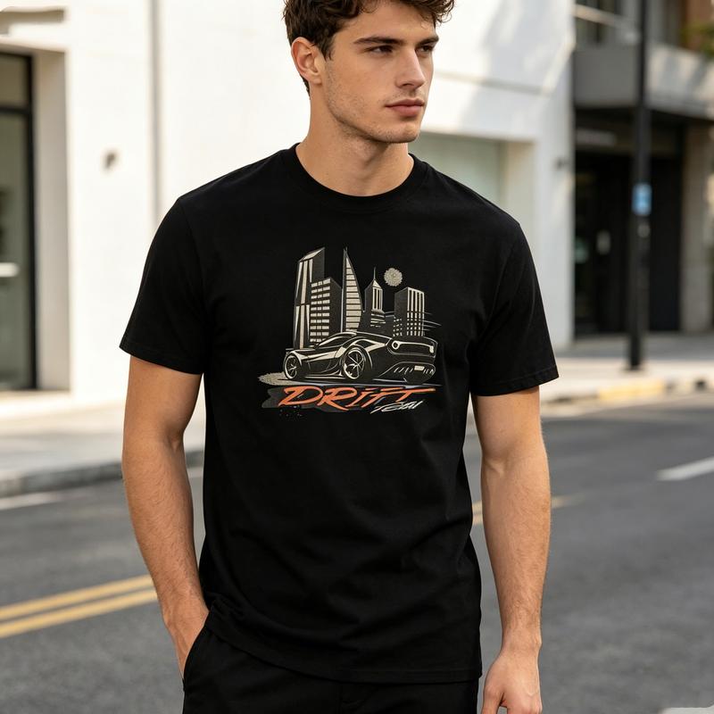 Drift Car Graphic T Shirt Urban City Skyline Print Unisex Soft Cotton Crew Neck Short Sleeve Trendy Casual Tops