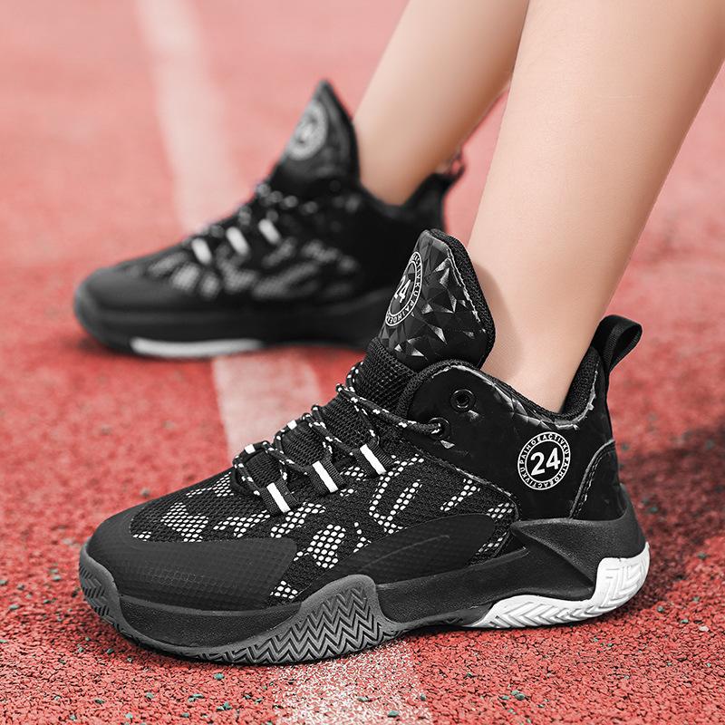 Популярные детские баскетбольные кроссовки с резиновой подошвой и сетчатым плетением для мальчиков, кроссовки для учеников начальной школы, спортивная обувь для бега, нескользящая