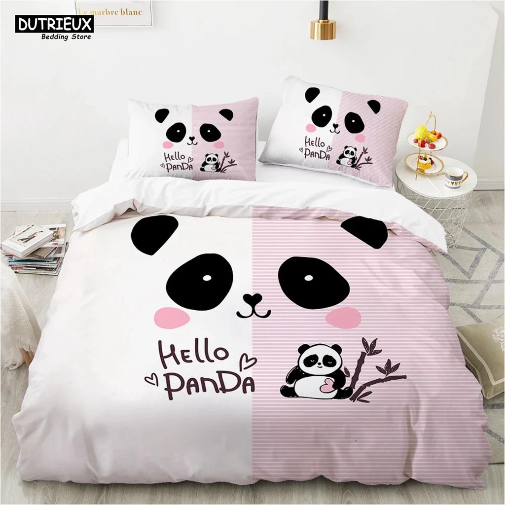 Мультяшный Милый Комплект Постельного Белья Панда Белое Постельное Белье 3D Принт Подарок для Девочек 2/3 предмета Полуторный Односпальный Двуспальный Королевский Размер Комплект Пододеяльника