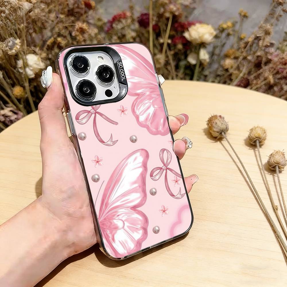 Pink Butterfly Pattern Phone Case For iPhone 17,16,15,14,13,12,11 Plus,Pro Max,XS,Colorful Silver Phone case Funda Cover