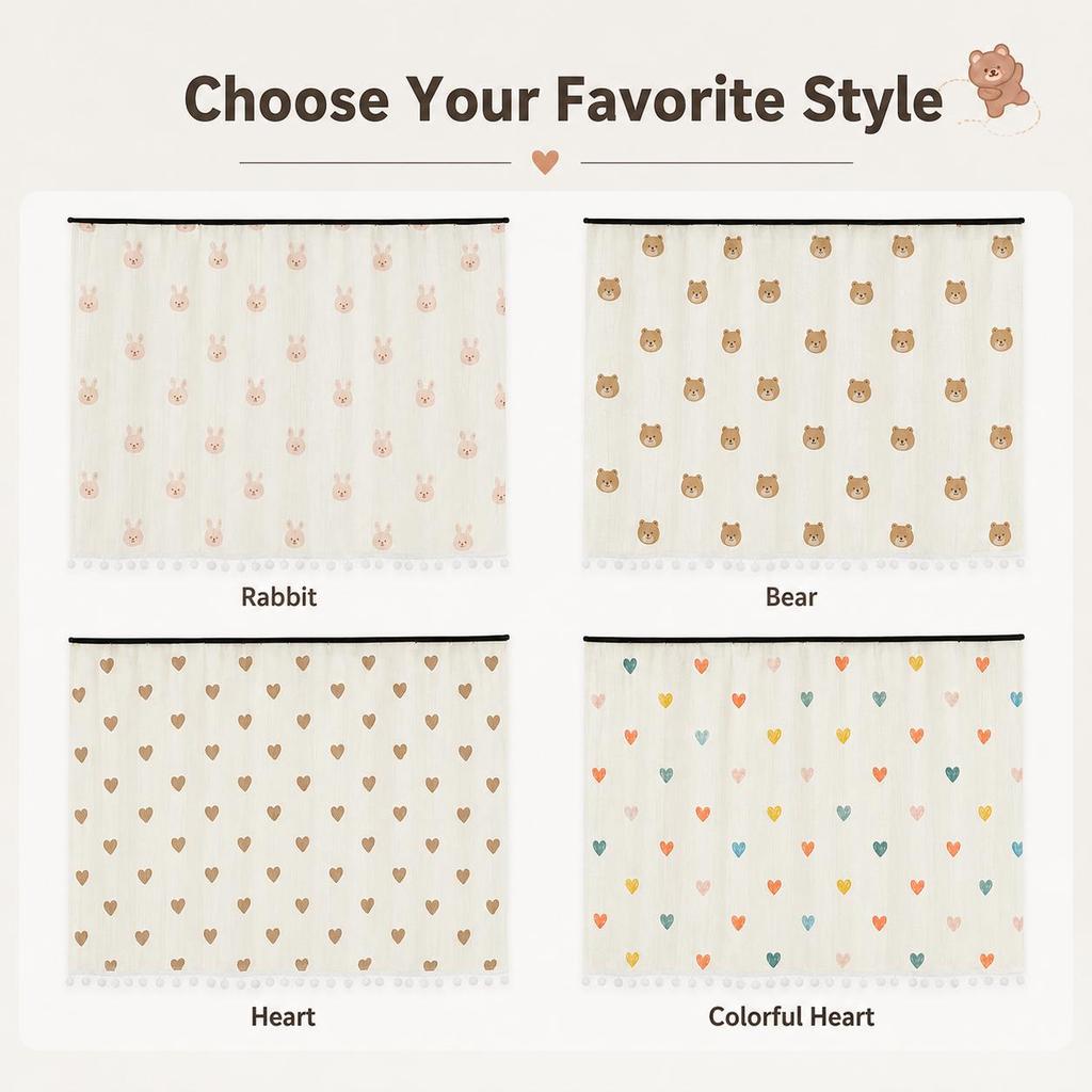 Car Side Window Sunshade Curtain with Embedded Rail, Cute Cotton Gauze Privacy Shade, Heat Insulation UV Protection Auto Window