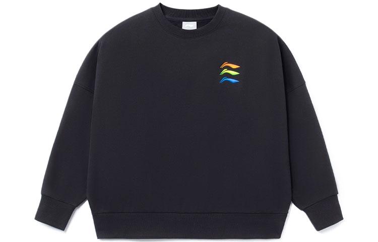 Li Ning Sports Fashion Collection Logo Embroidery Fleece Lined Loose Fit Crew Neck Pullover Sweatshirt Women's Black AWDRF42-2