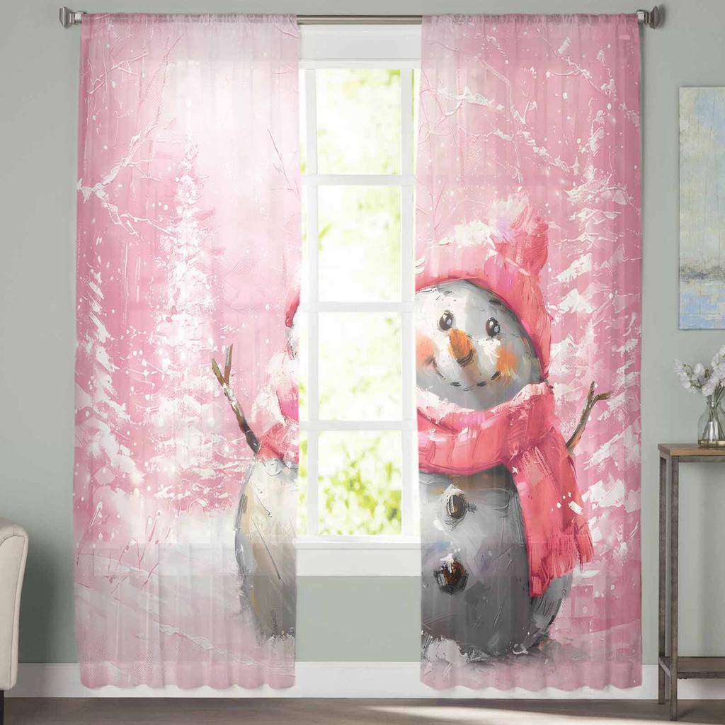 Christmas Tree Snowman Vintage Oil Painting Sheer Curtains Modern Gauze Curtain for Living Room Bedroom Voile Yarn Curtains