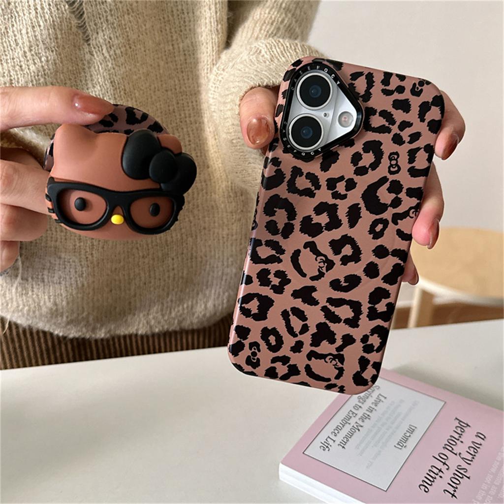 Korean Ins Cute Leopard Print Magnetic Phone Case For iPhone 16 Pro 15 14 Pro Max Cover with Hellokitty Stand Cartoon Cases