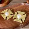 Retro European-American Gold & Pearl Square Earrings: Vintage, Niche, High-End Style for Women.