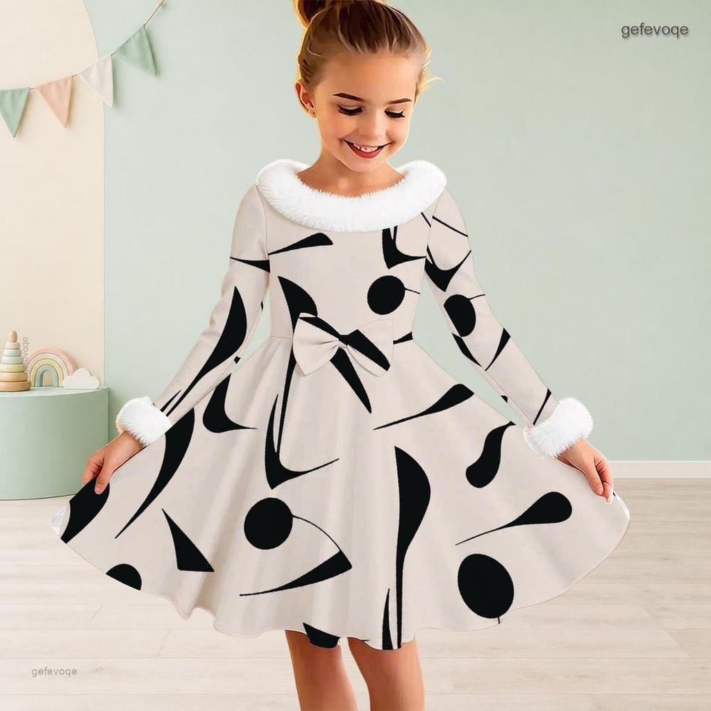 Girls Furry Collar Long Sleeve Beige Black Printed A Line Flared Dress With Bow