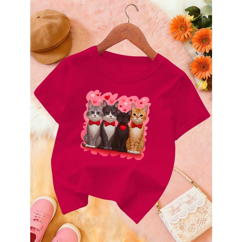 Kids Crewneck T-Shirt, Cute Cartoon Kitten Print