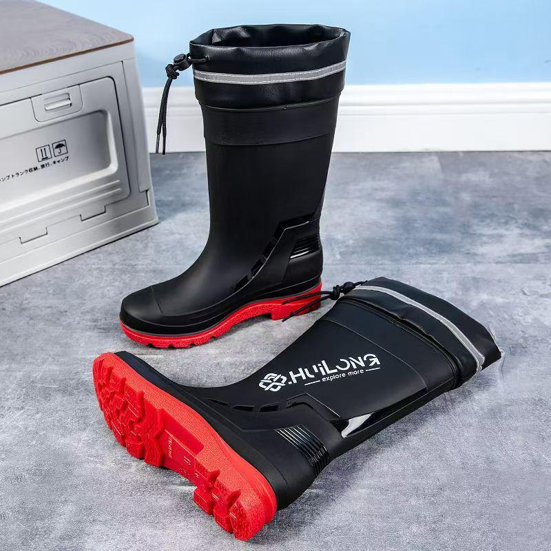 Stylish Men's Non-Slip Waterproof High-Top Rain Boots with Drawstring - Long Tube Fishing Wear-Resistant