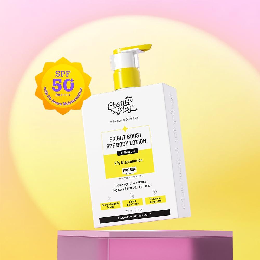 Chemist At Play Лосьон для тела Bright Boost SPF | С 5% ниацинамида и SPF 50+ PA++++ | Увлажнение на 24 часа | Легкая и нежирная формула