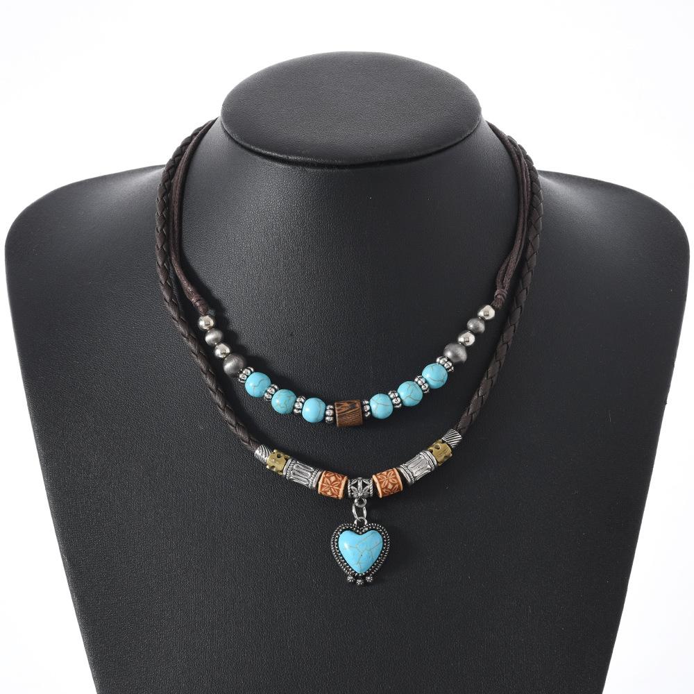 Butterfly-shaped Wooden Beaded Double-layer Necklace, Women's Retro-style Woven Rope Collarbone Chain