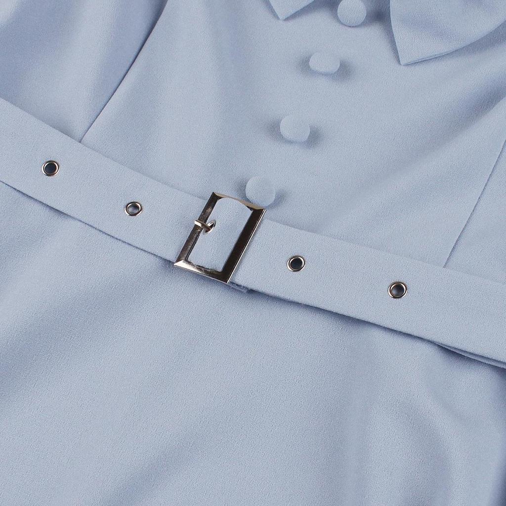 Женские ретро-платья в стиле свинга с короткими рукавами, V-образным вырезом, пуговицами-бантом, поясом, платье в стиле Хепберн, с высокой талией, повседневная одежда