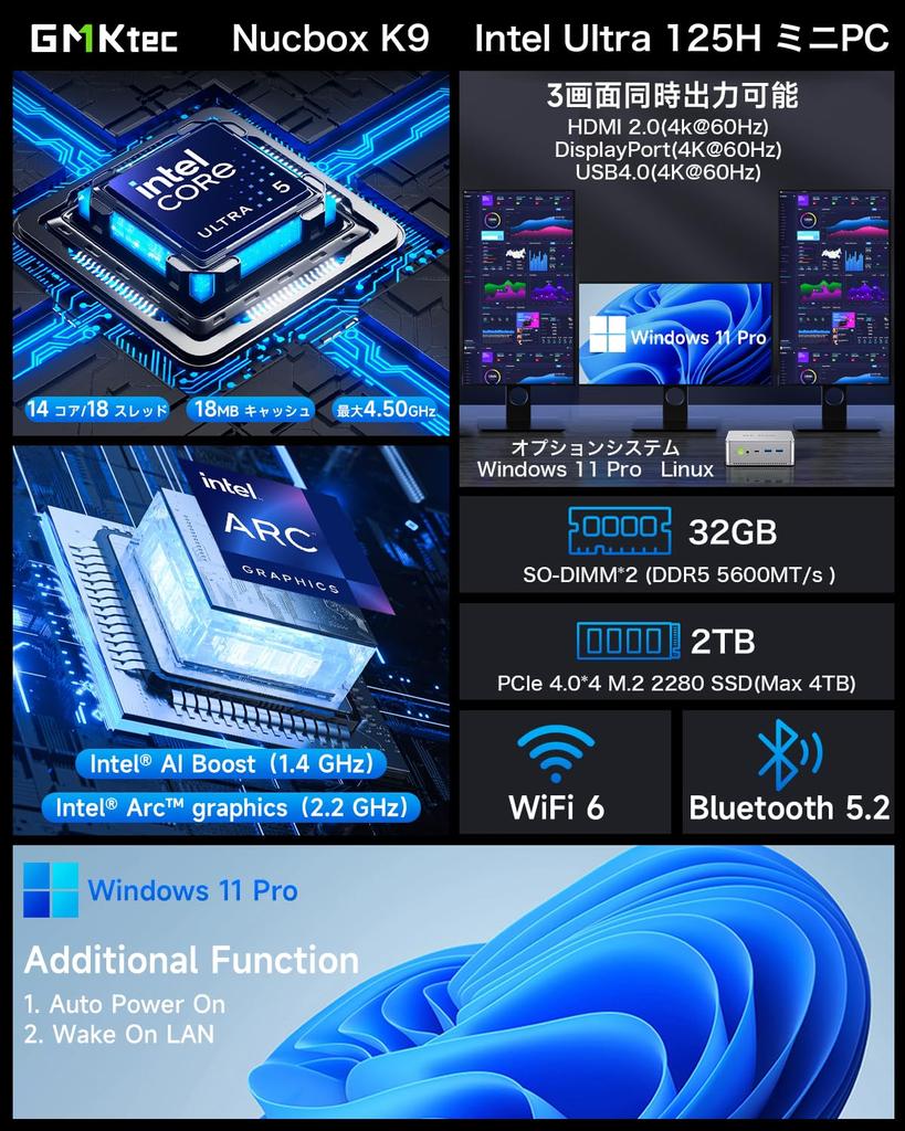 GMKtec Mini PC Intel Core Ultra 125H Windows11 Pro Mini PC Small PC DDR5 PCIe 2280 with LAN Mini Computer Nucbox K9 Gaming Mini PC 32GB+2TB (18M