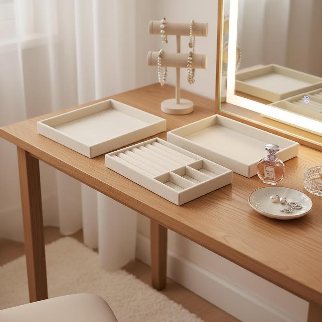 Velvet Jewelry Display Exquisite Jewellery Holder Portable Ring Earrings Necklace Organizer Storage Box Organizator Trays Beige