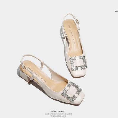 Абрикосовые кожаные туфли с квадратной пряжкой со стразами, женские туфли на толстом каблуке, с квадратным носком, из овчины, на среднем каблуке, с ремешком сзади, туфли Мэри Джейн