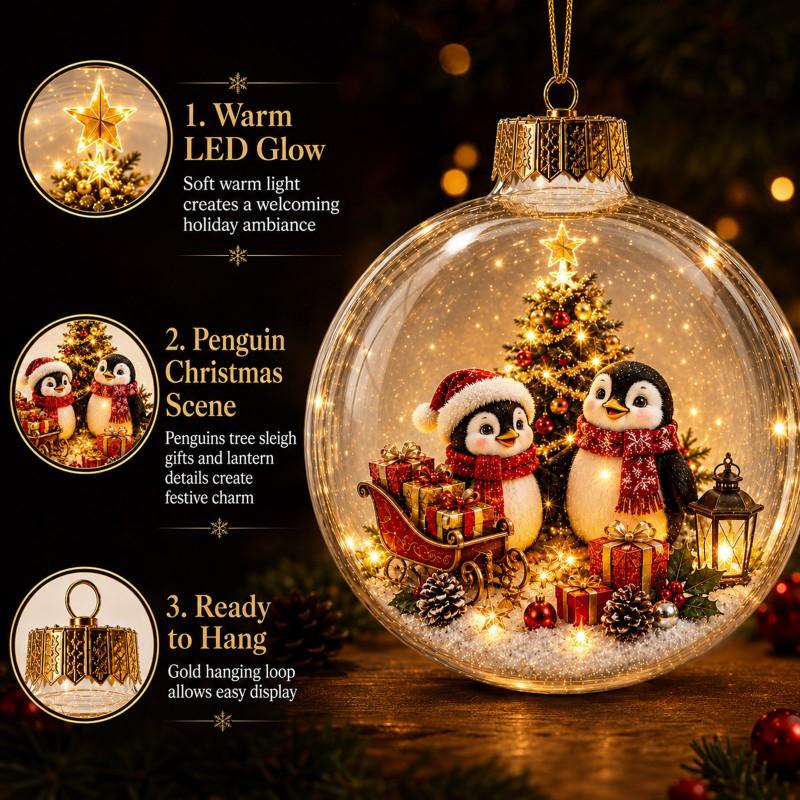 LED Lighted 3D Penguin Snow Globe Ornament Christmas Tree Decorations Home Holiday Decoration