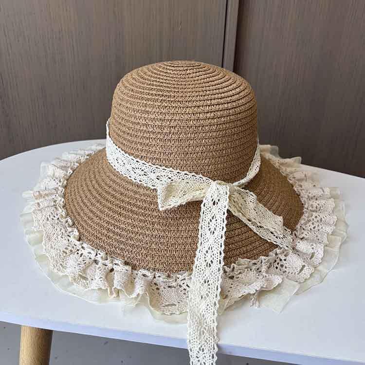 Ladies' Straw Hat Summer Lace Ribbon Sun Hat Sweet and Fashionable Beach Hat Summer Sun Protection Big Brimmed Cool Hat
